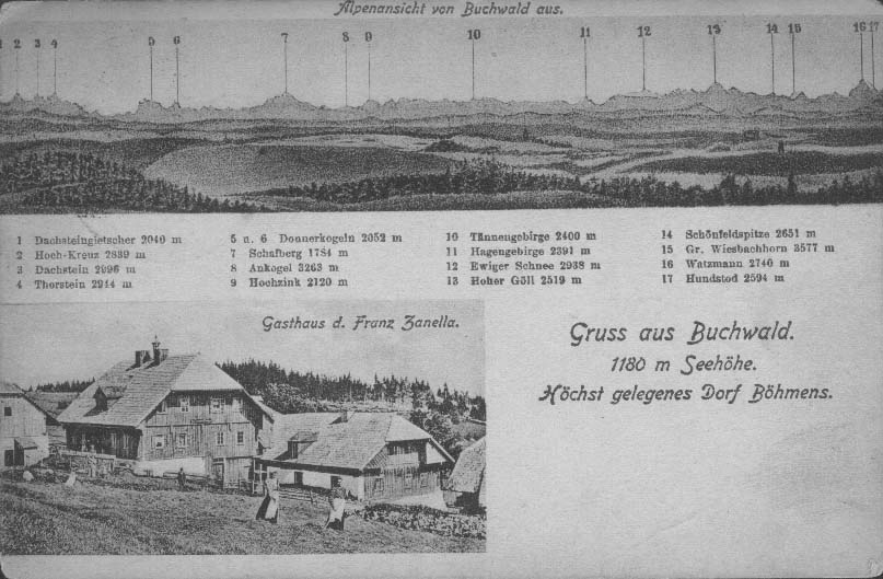 Alpsk panorama, vlevo dole hostinec Zum Tiroler  r.1909
